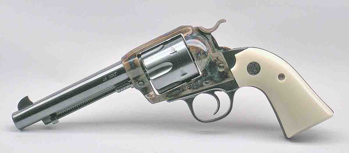 Turnbull Restorations removed the Ruger instructions on the barrel of this Bisley Vaquero; reblued the barrel, grip frame and cylinder; and color cased the frame and hammer. Bill Lett after-market stock panels were added by Dave. The barrel is restamped “.45 Colt.”